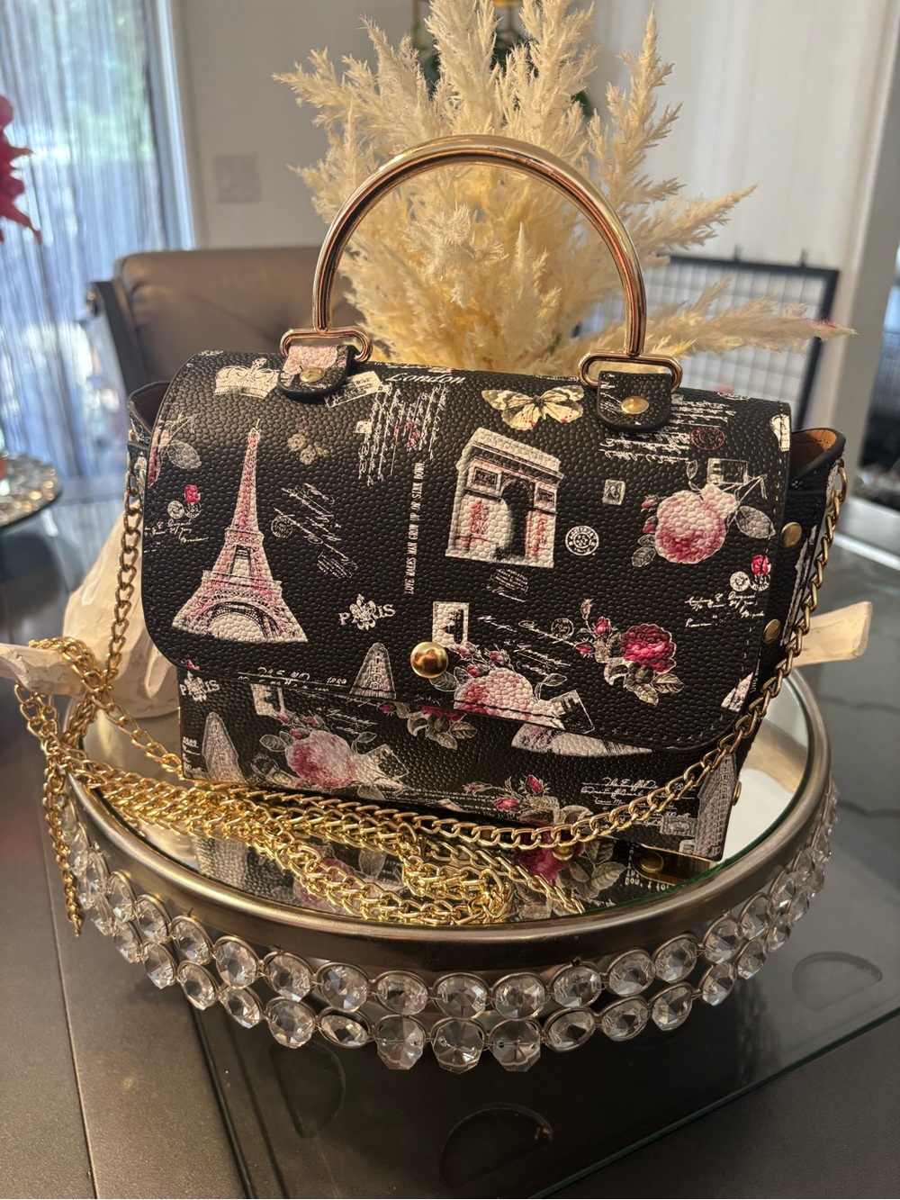 Black Paris Print Top-Handle Crossbody Bag with Gold Hardware